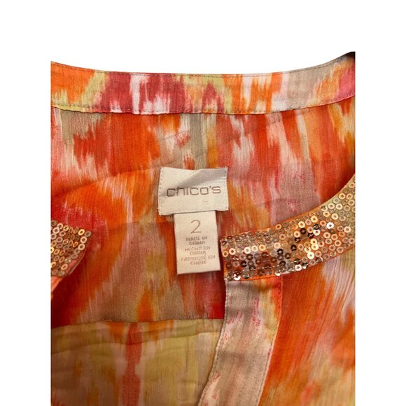 Chicos Sequin Collar Sheer Tie-Front Blouse Size 2 Orange Multi Polyester - Picture 3 of 4